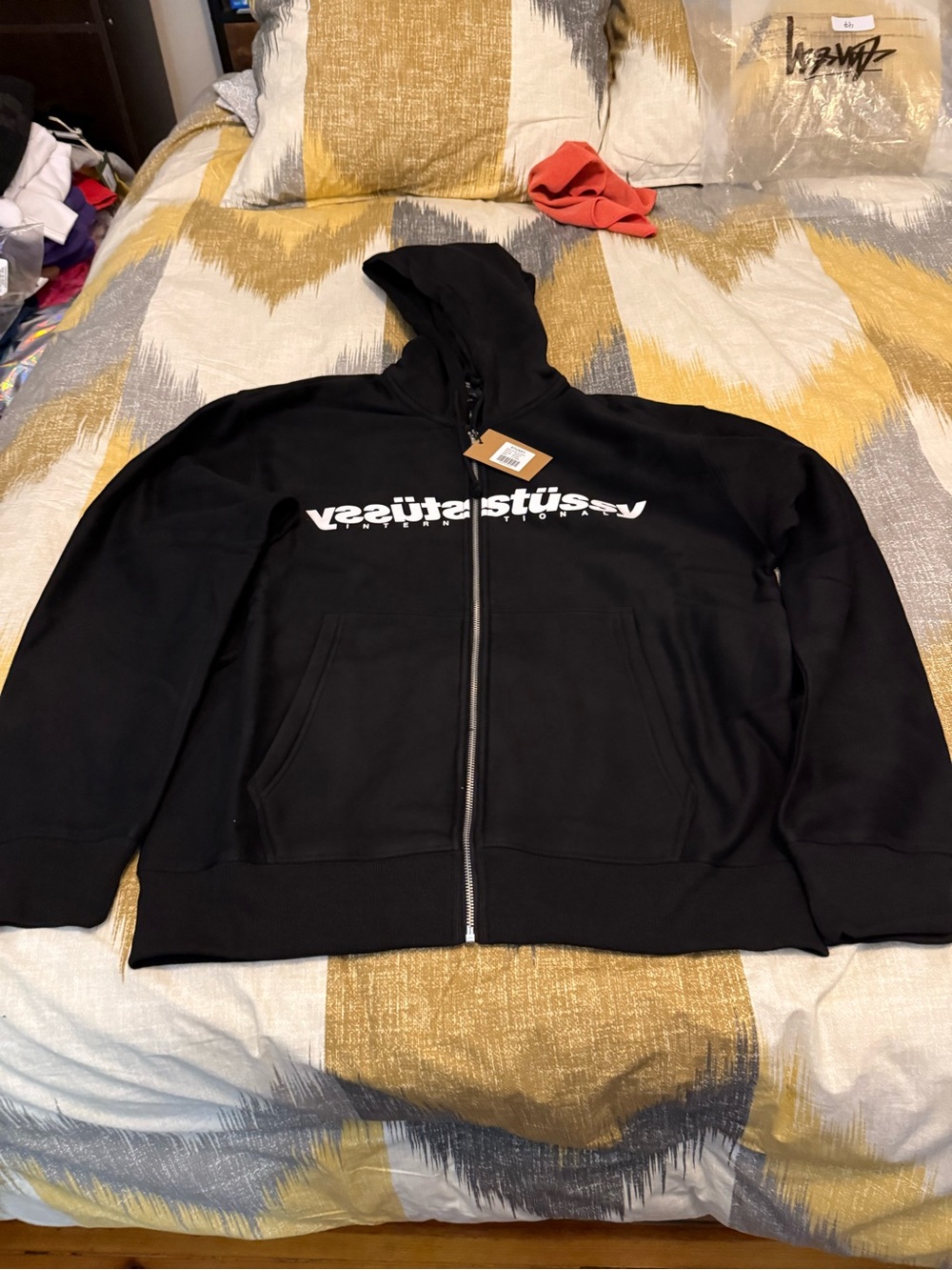 Stussy Mens Black Full-Zip Hoodie with White Logo Size XL